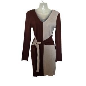 Love Always FCT Brown Cream Colorblock Long Sleeve Belted Mini Knit Dress Sz XL